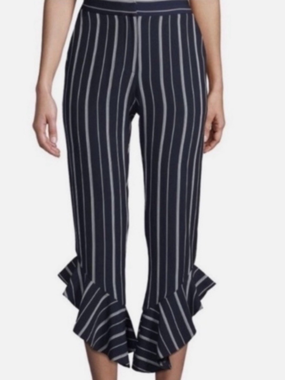 Lea & Viola Striped Navy Ruffle Hem Cropped Pants